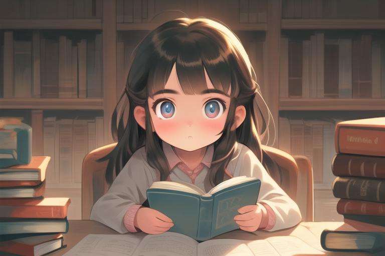 little 1girl, reading, holding book, bookshelf, looking at viewer, <lora:lovelyV2:0.7>