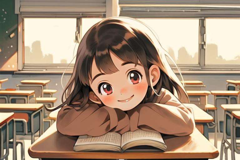 cute little 1girl, smile, classroom, reading, school desk, day, head tilt, <lora:lovelyV2:0.8>