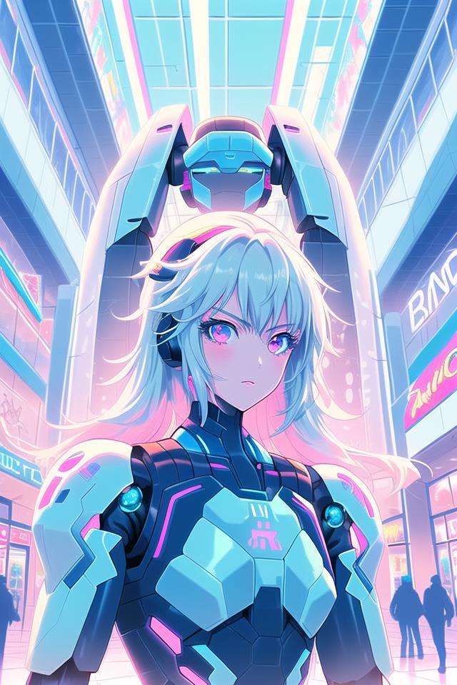 1girl, humanoid robot, long hair, upper body, mall, futuristic, pastel colors, looking at viewer, neon trim, fighting stance, <lora:pastelcolorV1:0.65>,