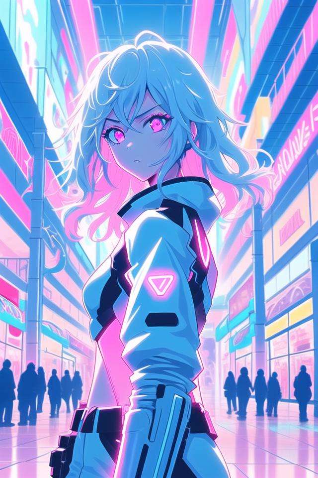 1girl, upper body, mall, futuristic, pastel colors, looking at viewer, neon lights, neon trim, fighting stance, pink and blue, <lora:pastelcolorV1:0.65>,