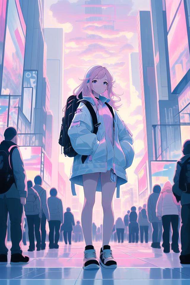 1girl, full body, jacket, backpack, modern city, pastel colors, pink and white, looking at viewer, crowd, cloudy sky, <lora:pastelcolorV1:0.65>
