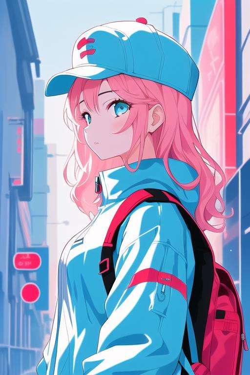 1girl, upper body, jacket, cap, backpack, blue and red, pastel colors, <lora:pastelcolorV1:0.65>