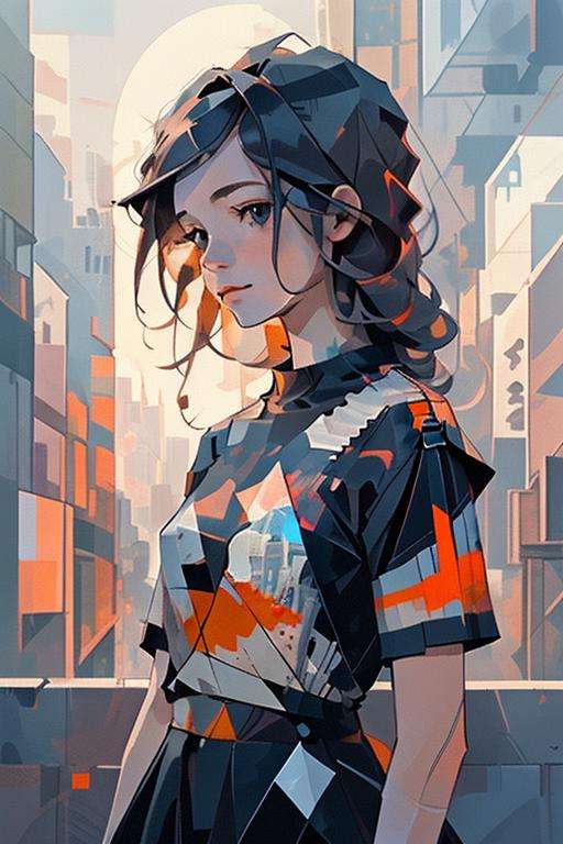 geometric, 1girl, upper body, cityscape,  <lora:Gentle_Cubism_Heavy:0.65>, orange