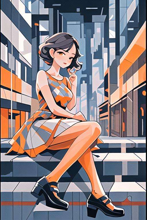 geometric, 1girl, shoes, cityscape,  <lora:Gentle_Cubism_Heavy:0.65>, orange