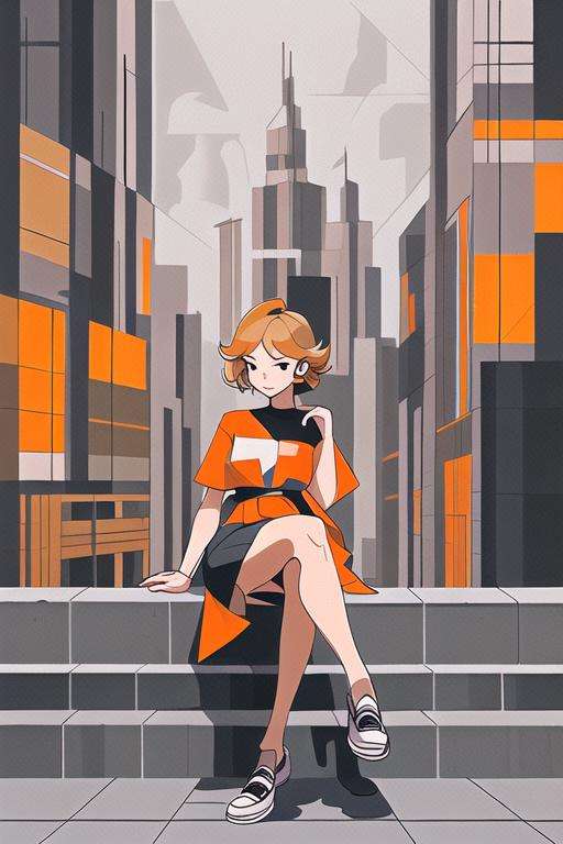 geometric, 1girl, shoes, cityscape, orange , <lora:Gentle_Cubism_Light:0.65>