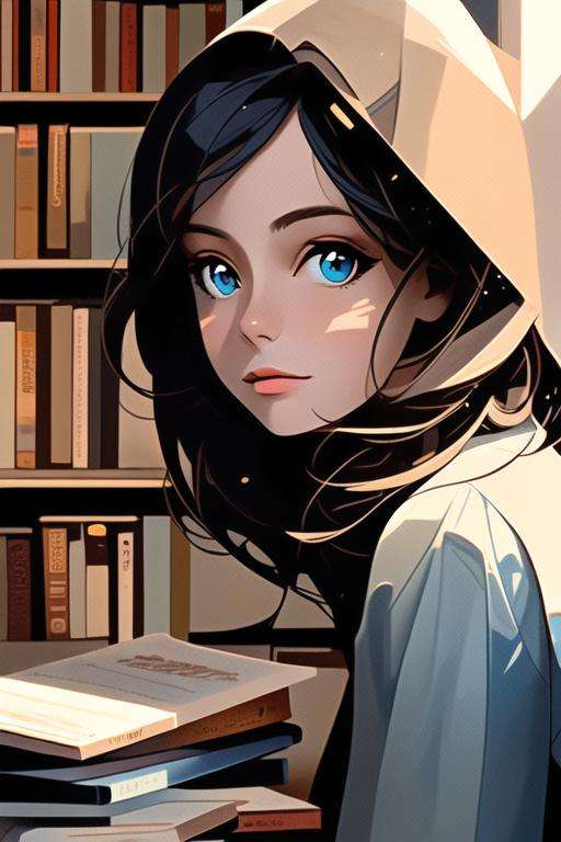 geometric, 1girl, sunlight, close-up, bookshelf, blue, looking at viewer,  <lora:Gentle_Cubism_Light:0.7>