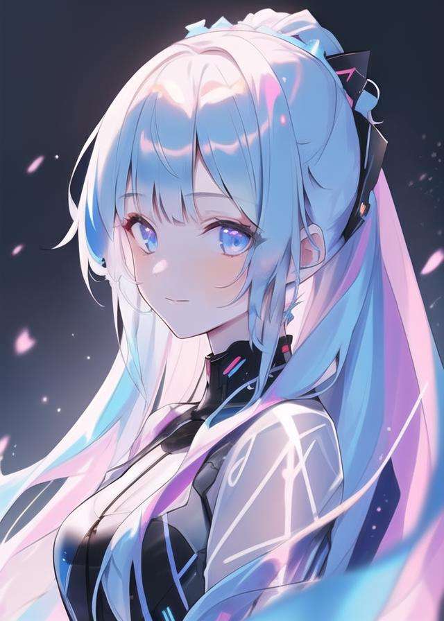 Best quality, masterpiece, ultra high res, 1girl, blue hair, cyberpunk, holographic, transparent, city, top light, looking at viewer, very long hair, portrait, <lora:holographicV1:0.8>