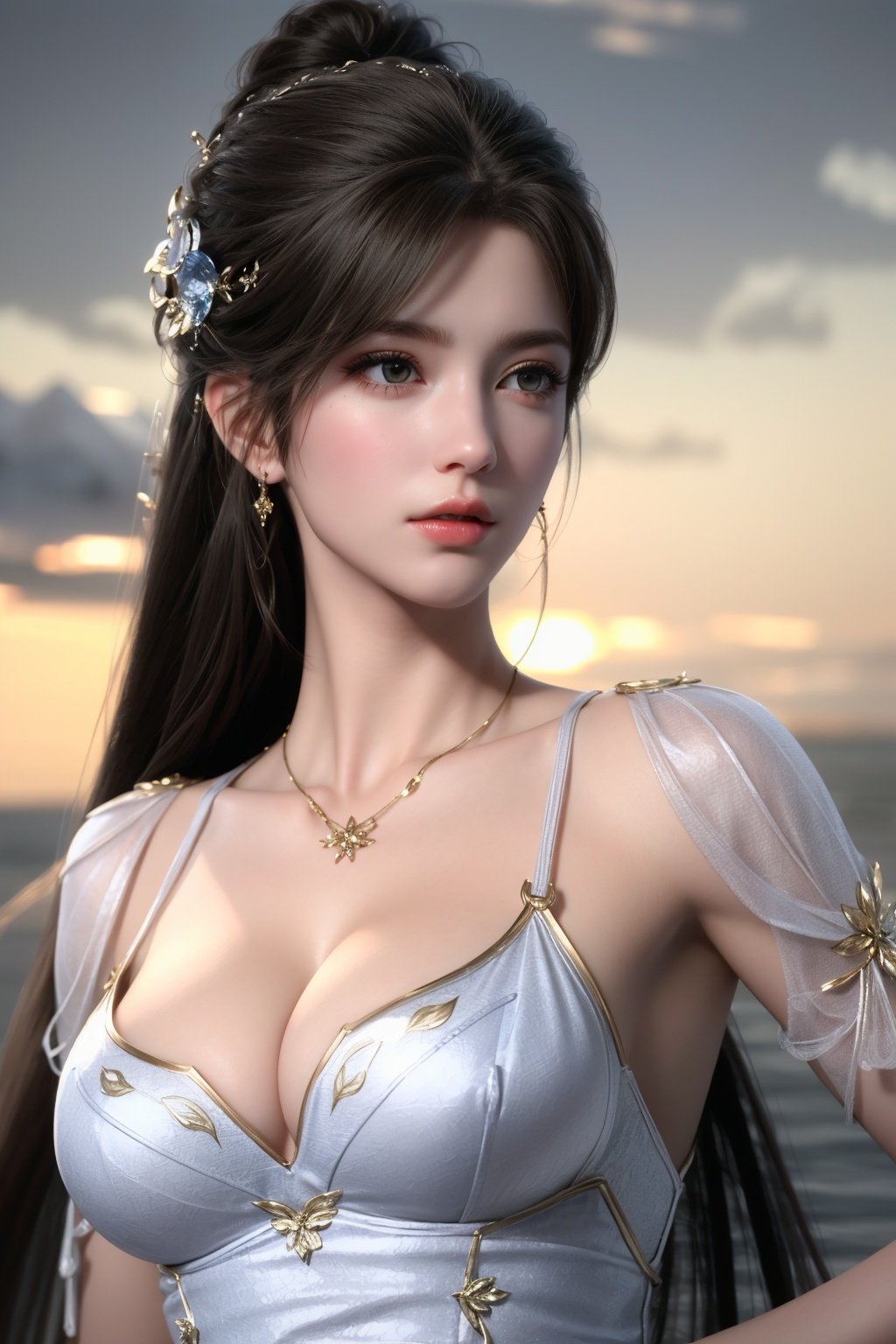 (8k, RAW photo, best quality, masterpiece:1.2),(super realistic, photo-realistic:1.3), ultra-detailed, extremely detailed cg 8k wallpaper,hatching (texture),skin gloss,light persona,(crystalstexture skin:1.2), (extremely delicate and beautiful),  1girl, long hair, solo, night, beautiful detailed water,upper body,closed mouth:1.7, (full shot), (breasts,medium_breasts, cleavage:1.2),looking_at_viewer, qy-hd,<lora:1018qyxx:0.8>