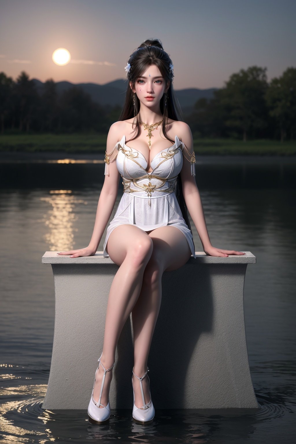 (8k, RAW photo, best quality, masterpiece:1.2),(super realistic, photo-realistic:1.3), ultra-detailed, extremely detailed cg 8k wallpaper,hatching (texture),skin gloss,light persona,(crystalstexture skin:1.2), (extremely delicate and beautiful),night, beautiful detailed water,Lotus, at night, by the river,  1girl, long hair, solo, (full body:1.7), bare shoulders, sitting,spread legs, (full shot), (breasts,medium_breasts, cleavage:1.2),looking_at_viewer, qy-hd,<lora:1018qyxx:0.8> , 