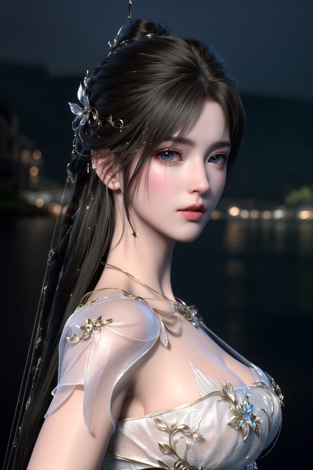 (8k, RAW photo, best quality, masterpiece:1.2),(super realistic, photo-realistic:1.3), ultra-detailed, extremely detailed cg 8k wallpaper,hatching (texture),skin gloss,light persona,(crystalstexture skin:1.2), (extremely delicate and beautiful),  1girl, long hair, solo, night, beautiful detailed water,qy-hd, <lora:1018qy:0.9>