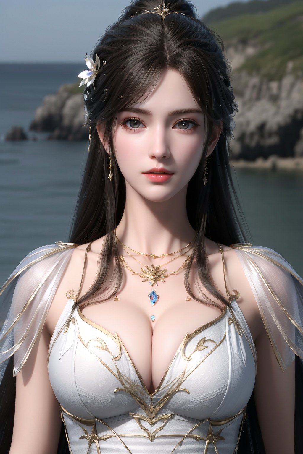 (8k, RAW photo, best quality, masterpiece:1.2),(super realistic, photo-realistic:1.3), ultra-detailed, extremely detailed cg 8k wallpaper,hatching (texture),skin gloss,light persona,(crystalstexture skin:1.2), (extremely delicate and beautiful),  1girl, long hair, solo, night, beautiful detailed water,upper body,(full shot), (breasts,medium_breasts, cleavage:1.2),looking_at_viewer, qy-hd,<lora:1018qyxx:0.8>