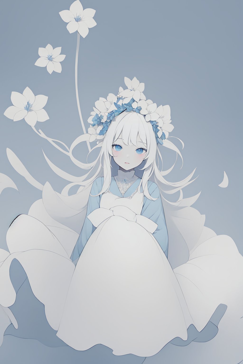 cute girl, (watercolor painting:0.4), (pastel art:1.3), flat color, (Monochrome painting blue:1.4), ( blue theme :1.2), BREAK(monochrom, flower background, Botanical art, Fill background with flowers:1.4),  young woman,  long hair, clothes, (fluffy dress, (blouse, with ruffled collar, ruffled lace), (skirt:1.3)), (grin:0.7), (Depression:1.2), doubt, expression, Looking down, looking at viewer