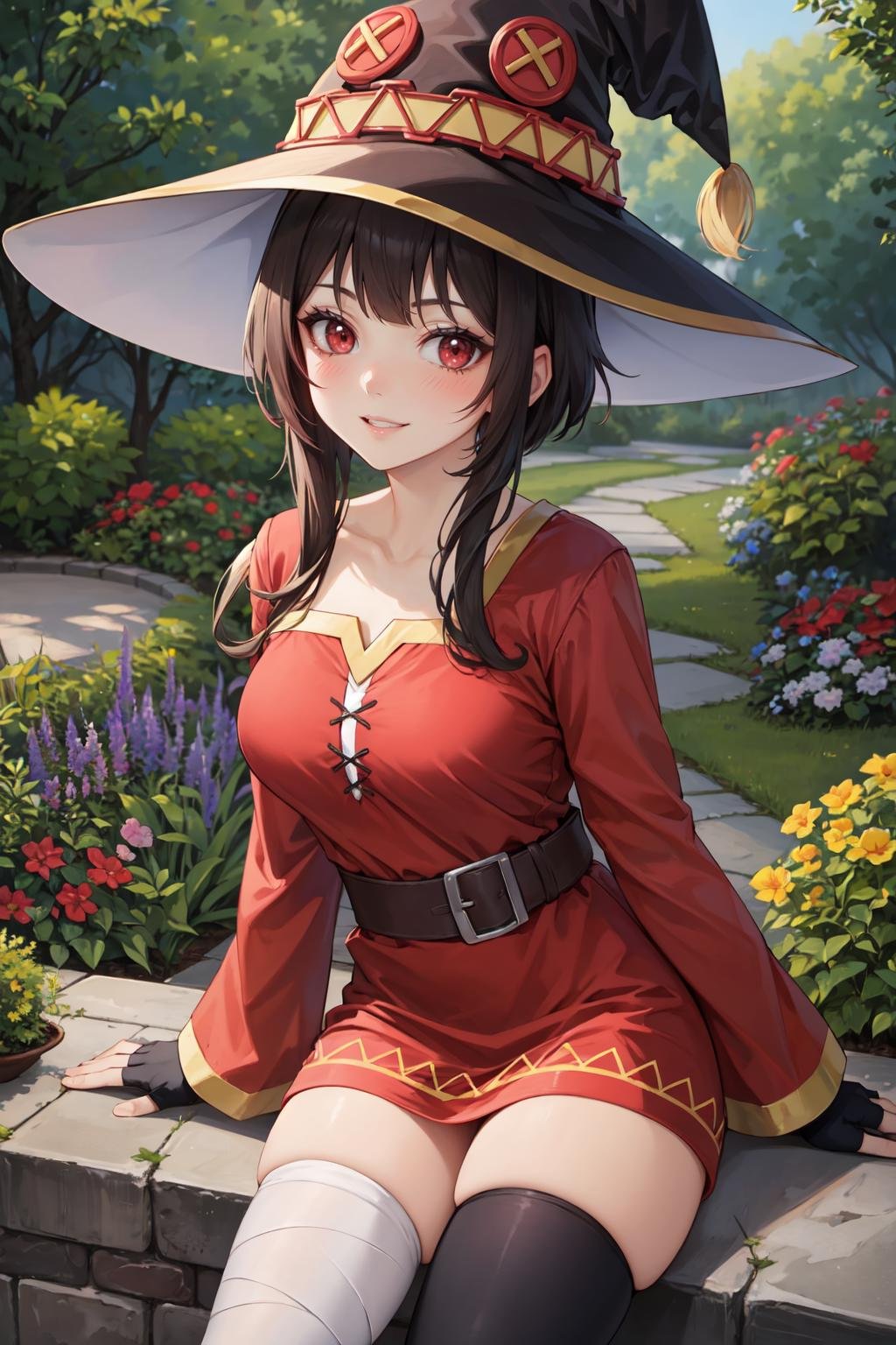 (masterpiece, best quality, glowing light, ultra detailed, detailed background, complex background), (perfect face, detailed face), (mature female, milf:1.4), full-face blush, happy, parted lips, light smile, <lora:megumin:1>, megumin, 1girl, solo, looking at viewer, short hair, short hair with long locks, dress, red dress, hat, witch hat, gloves, black gloves, thighhighs, bandages, fingerless gloves, long sleeves, bandaged leg, black thighhighs, single thighhigh(outdoors, garden)