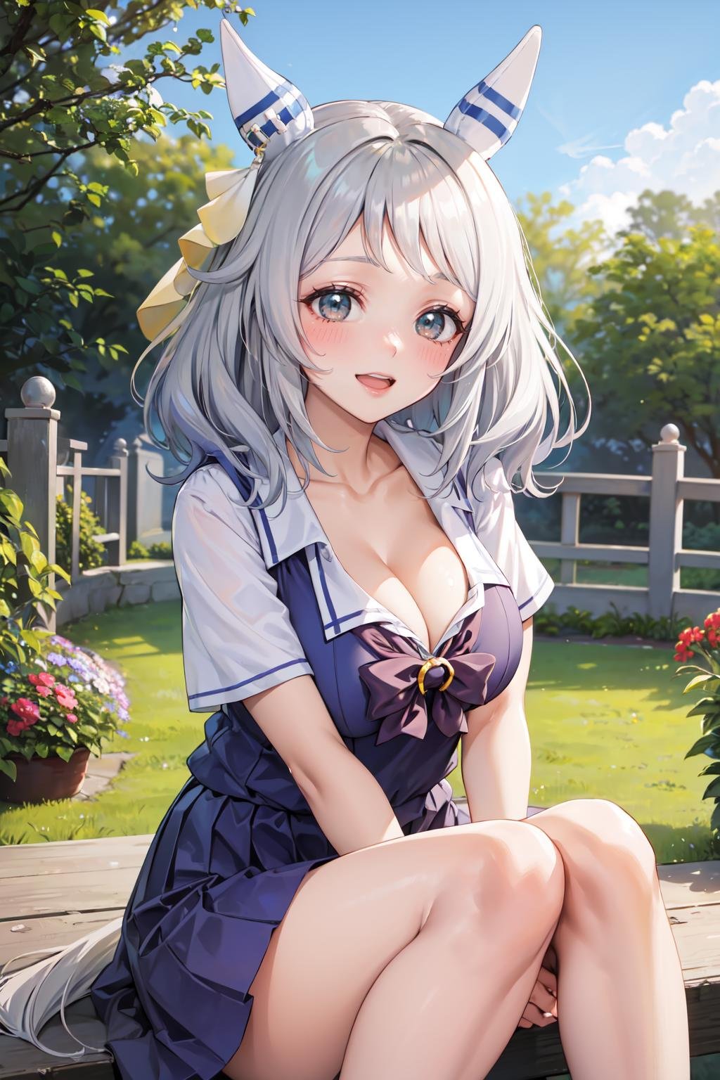 (masterpiece, best quality, glowing light, ultra detailed, detailed background, complex background), (perfect face, detailed face), (mature female, milf:1.4), full-face blush, happy, parted lips, light smile, thighs, <lora:hishi_miracle:1>, hishi_miracle, 1girl, solo, animal ears, horse ears, horse girl, looking at viewer, blush, medium hair, tail, horse tail, open mouth, medium breasts, school uniform, ear covers, shirt, long hair, tracen school uniform, hair ornament, collarbone(outdoors, garden, cleavage, sitting)  