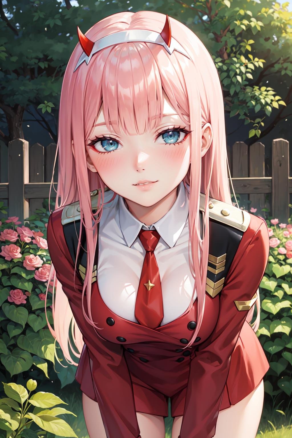 masterpiece, best quality, ultra-detailed, glowing light, (detailed background, complex background:1.2), (perfect face, detailed face), (mature female, milf:1.4), full-face blush,half-closed eyes, smirk, parted lips, thighs,<lora:zero_two:0.8>, zero_two, long hair, horns, hairband, white hairband, medium breasts, very long hair, straight hair, red horns, necktie, uniform, military, military uniform, long sleeves, collarbone, blue eyes(garden, outdoors, standing, leaning forward )     