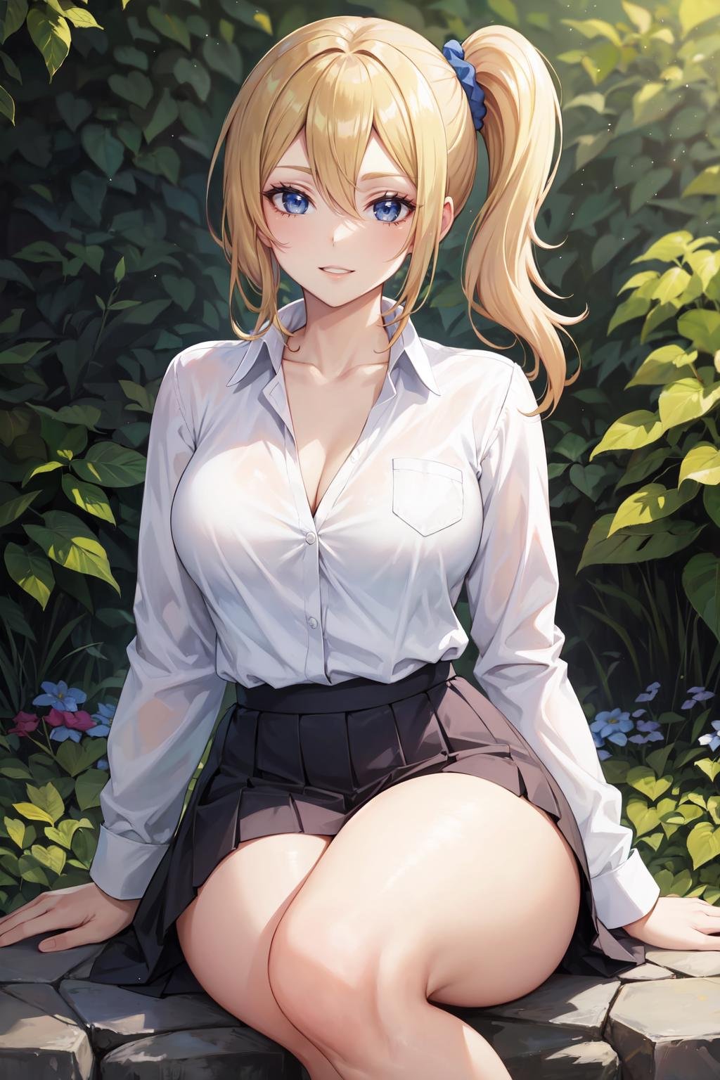 masterpiece, best quality, ultra-detailed, glowing light, (detailed background, complex background:1.2), (perfect face, detailed face), (mature female, milf:1.4), thick thighs, parted lips, smile, happy, <lora:hayasaka_ai:0.8>, hayasaka_ai, hair between eyes, side ponytail, scrunchie, hair ornament, hair scrunchie, blue scrunchie, long hair, sidelocks, shirt, medium breasts, school uniform, shuuchiin academy school uniform, long sleeves, collarbone, collared shirt, white shirt(garden, outdoors, sitting)  
