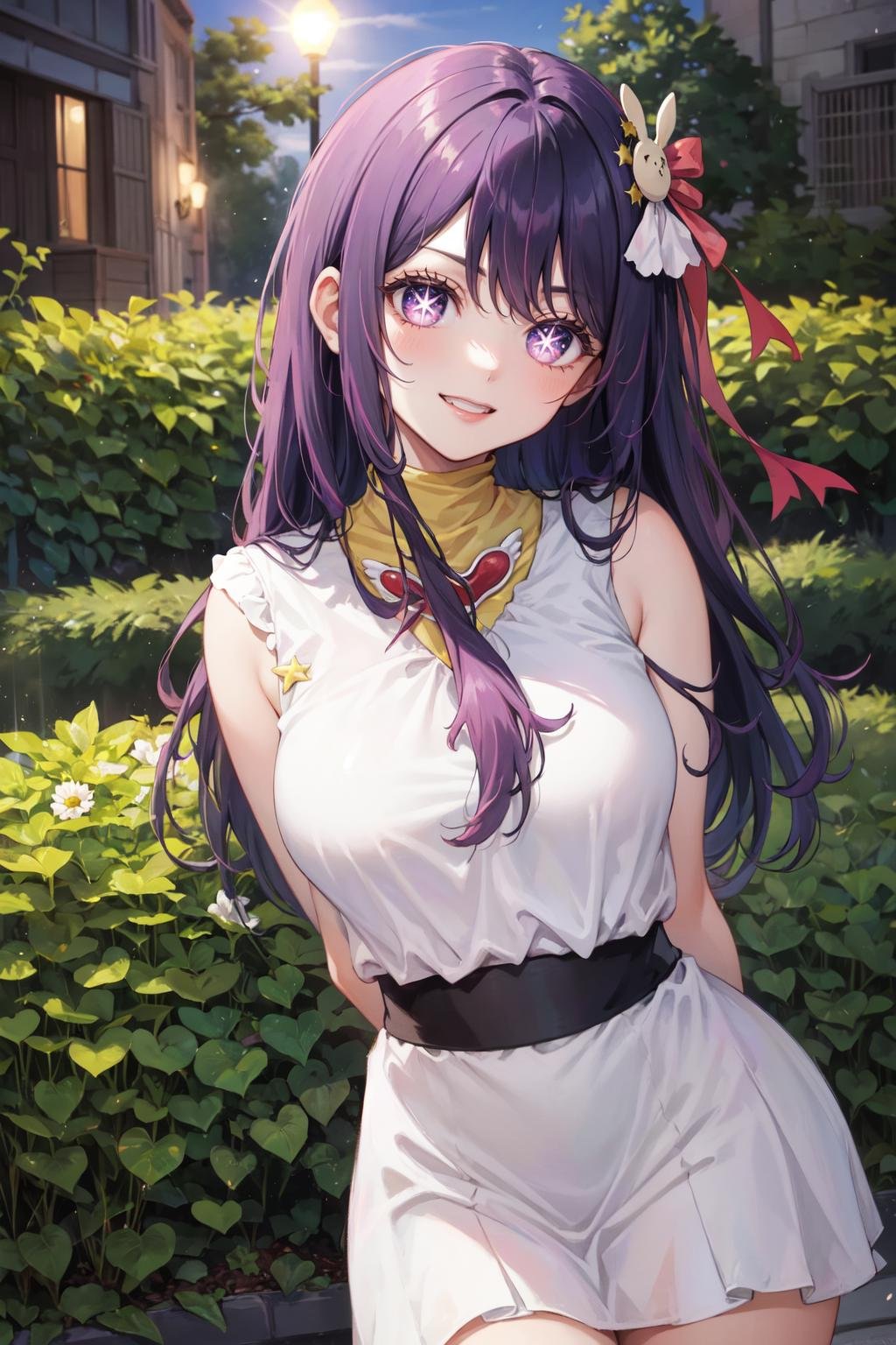 masterpiece, best quality, ultra-detailed, glowing light, (detailed background, complex background:1.2), (perfect face, detailed face), (mature female, milf:1.4), thick thighs, happy, smile<lora:hoshino_ai:1>, hoshino_ai, long_hair, purple_eyes, bangs, purple_hair, long hair, dress, hair_ornament, hair ornament, star_(symbol), symbol-shaped_pupils(garden, outdoors, arms behind back, )  