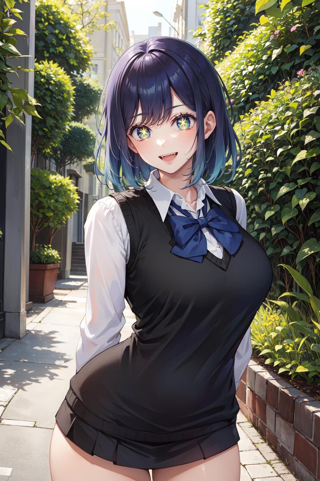 masterpiece, best quality, ultra-detailed, glowing light, (detailed background, complex background:1.2), (perfect face, detailed face), (mature female, milf:1.4), thick thighs, open mouth, happy<lora:kurokawa_akane:1>, kurokawa_akane, shirt, white shirt, short hair, collared shirt, long sleeves, school uniform, vest, sweater vest, medium hair, bowtie, bow, blue bow, blue bowtie(garden, outdoors, standing, arms behind back)