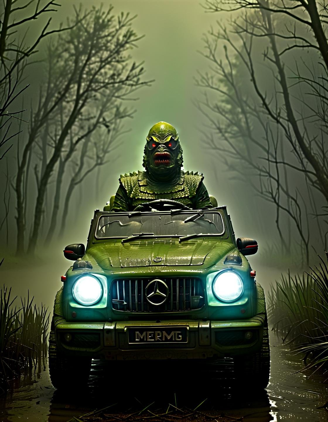 Horror Films (Gill_man) driving a mg63,(charming light:1.15), retro look, in a swamp, at night, fog,,, Horror Films, often for scares, monsters, or psychological terror.