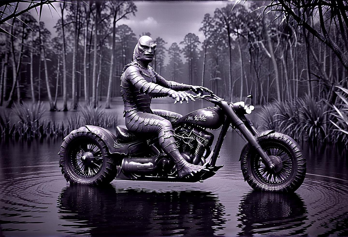 film noir style (Gill_man:1.15) riding a walz,(charming light:1.15),in a swamp,Retro Look,, . monochrome, high contrast, dramatic shadows, 1940s style, mysterious, cinematic