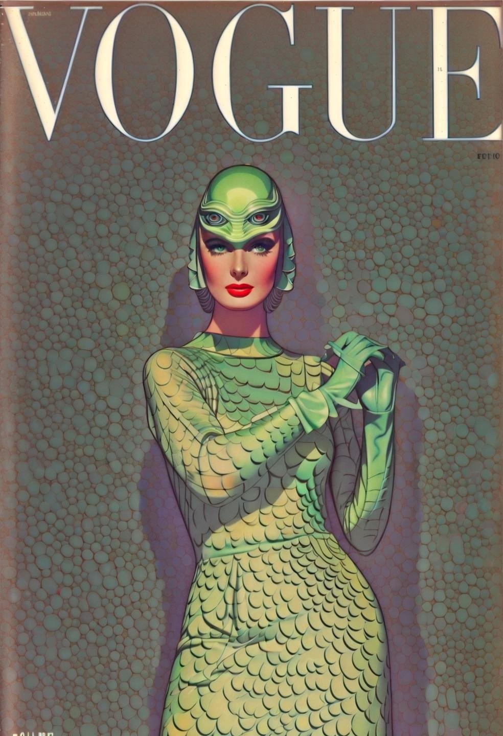 vogue fashion magazine cover retro, (Gill_man:1.15)s,(charming light:1.15),,,