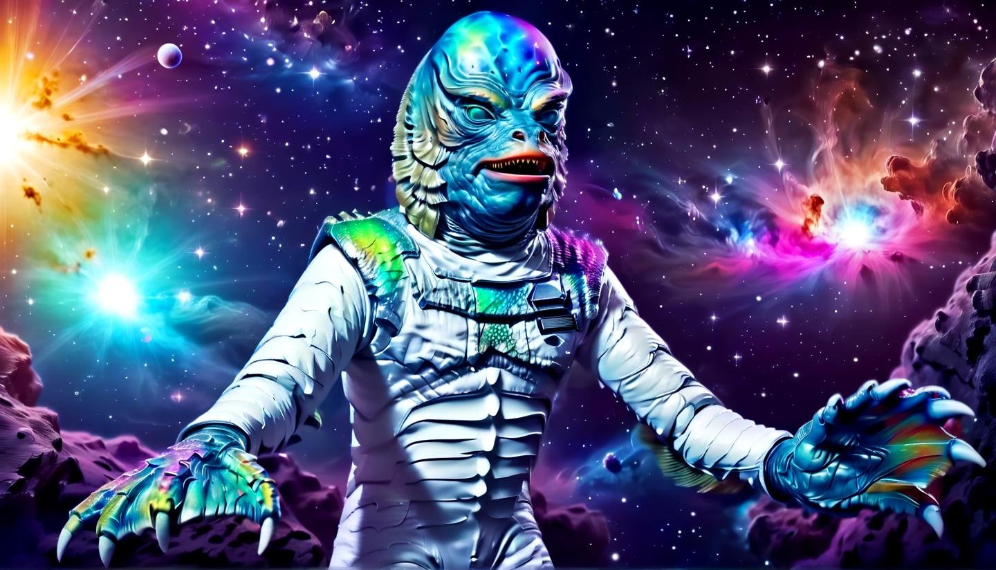 Majestic galactic style (Gill_man) as an astronaut,(charming light:1.15), retro look, at an alien planet, (white nasa spacesuit:1.1),,,. Vast colorful nebulae, stars and planets, sci-fi space themes, mystery