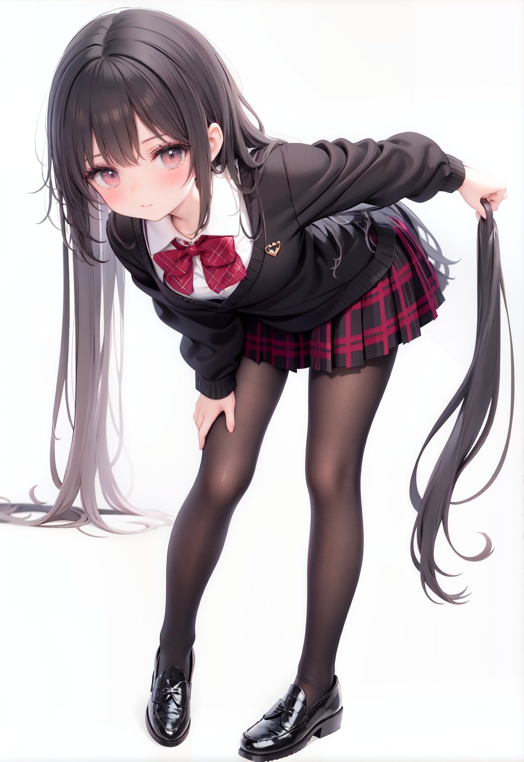  1girl, solo, pantyhose, skirt, long hair, loafers, shoes, simple background, school uniform, brown eyes, plaid, black pantyhose, plaid skirt, looking at viewer, black hair, pantyhose pull, full body, clothes pull, black footwear, pleated skirt, leaning forward, bangs, long sleeves, bent over, cardigan, bow, bowtie, standing, closed mouth, pulled by self, grey background, blush, miniskirt, red bow, sweater, undressing