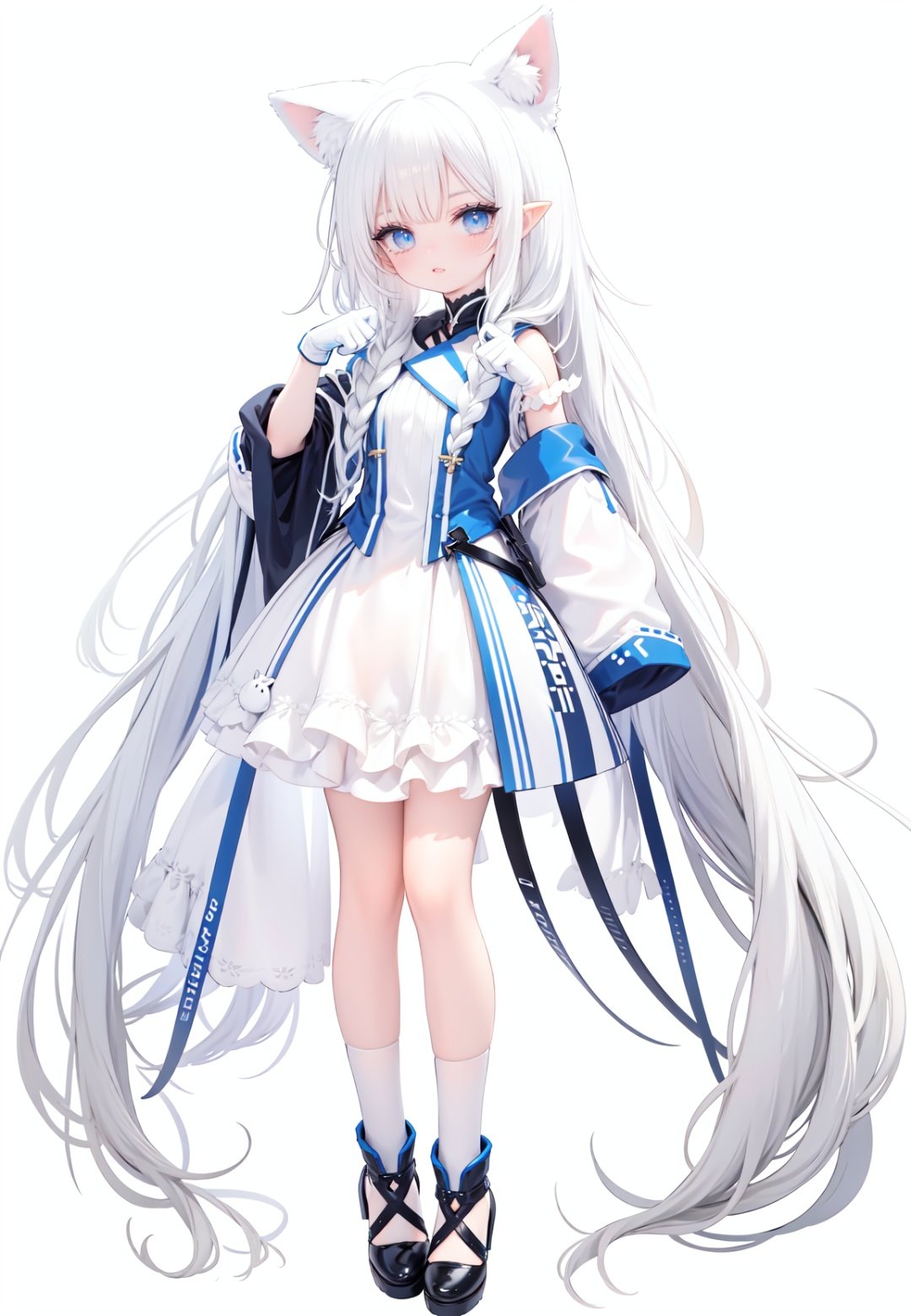  1girl, white_gloves, braid, full_body, gloves, long_hair, official_alternate_costume, pointy_ears, simple_background, solo, standing, very_long_hair, white_background, white hair, blue eyes, paw claw pose, open_mouth