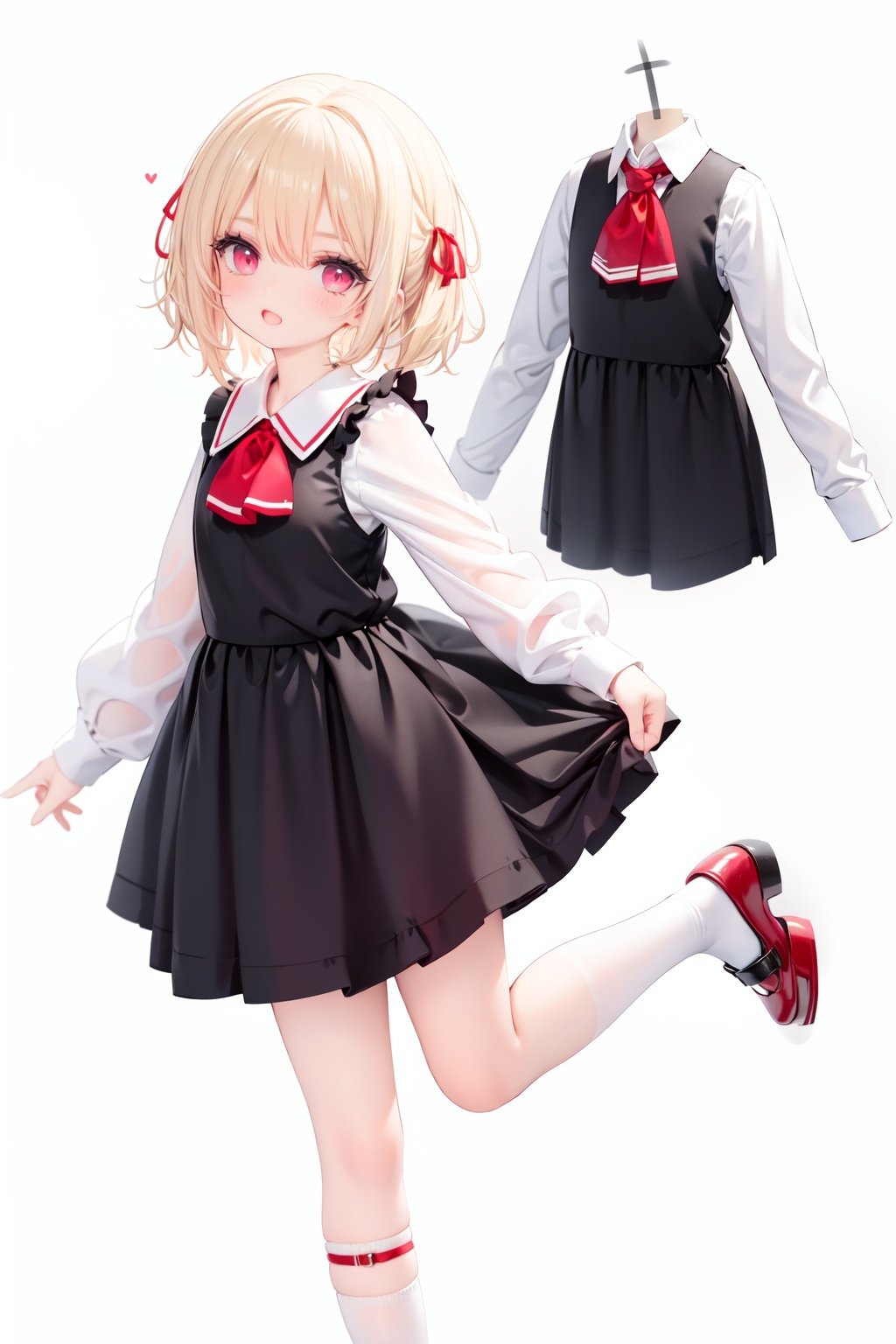  1girl, rumia, blonde hair, solo, white background, red eyes, red footwear, simple background, ascot, short hair, ribbon, open mouth, hair ribbon, smile, long sleeves, shirt, looking at viewer, red ascot, white socks, white shirt, red ribbon, shoes, socks, frills, bangs, outstretched arms, hair between eyes, skirt, :d, dress, vest, mary janes, black dress, black skirt, collared shirt, black vest, blush