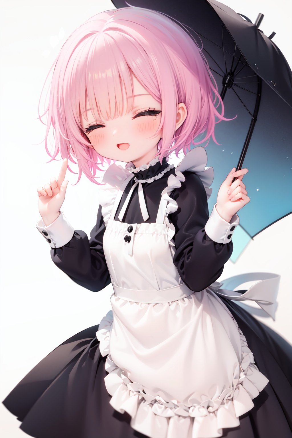  1girl, solo, apron, halo, hair over one eye, closed eyes, smile, white background, dress, white apron, simple background, long sleeves, multicolored hair, braid, open mouth, blue hair, alternate costume, blush, bangs, :d, pink hair, black dress, ribbon, frilled dress, enmaided, short hair, hand up, colored inner hair