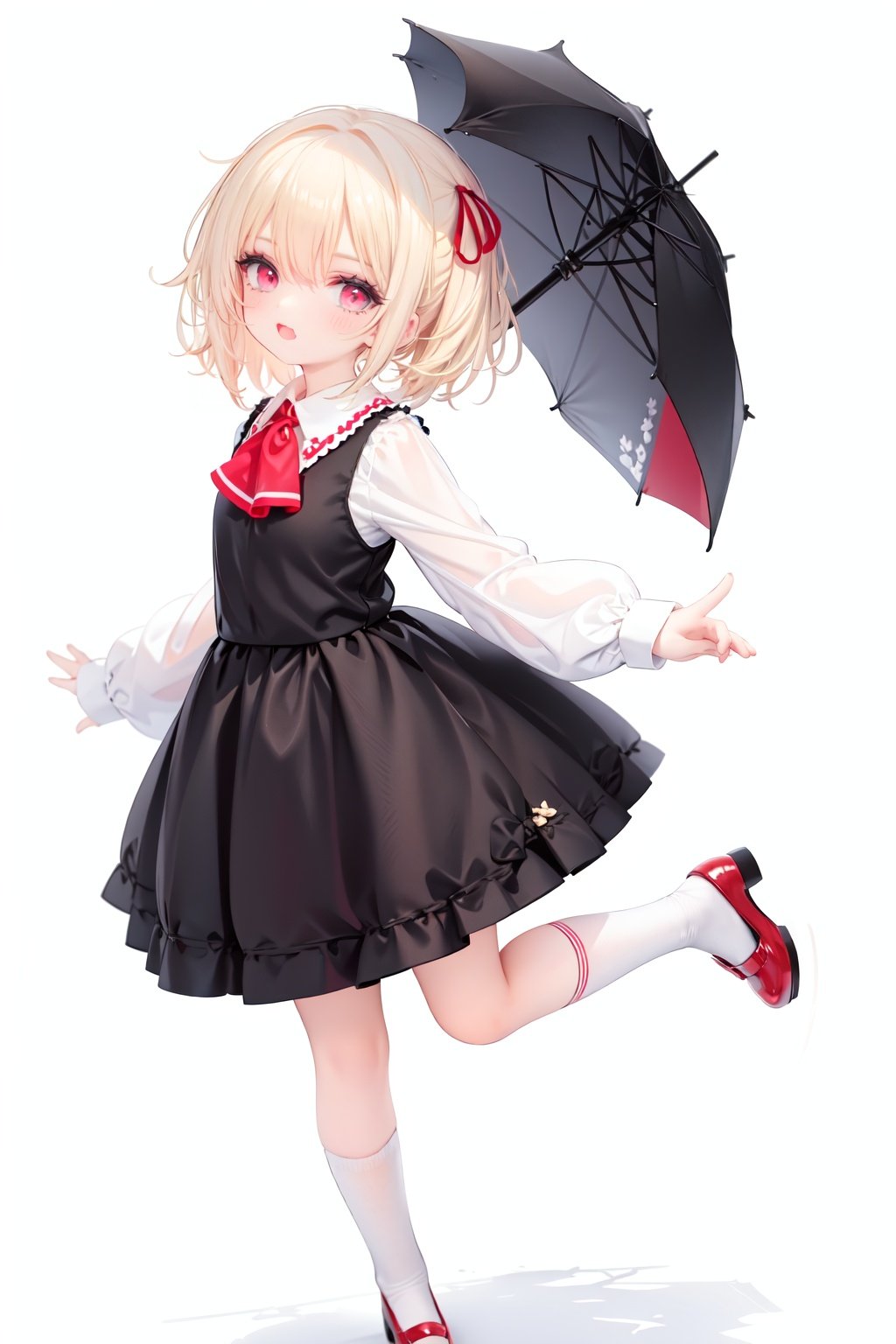  1girl, rumia, blonde hair, solo, white background, red eyes, red footwear, simple background, ascot, short hair, ribbon, open mouth, hair ribbon, smile, long sleeves, shirt, looking at viewer, red ascot, white socks, white shirt, red ribbon, shoes, socks, frills, bangs, outstretched arms, hair between eyes, skirt, :d, dress, vest, mary janes, black dress, black skirt, collared shirt, black vest, blush