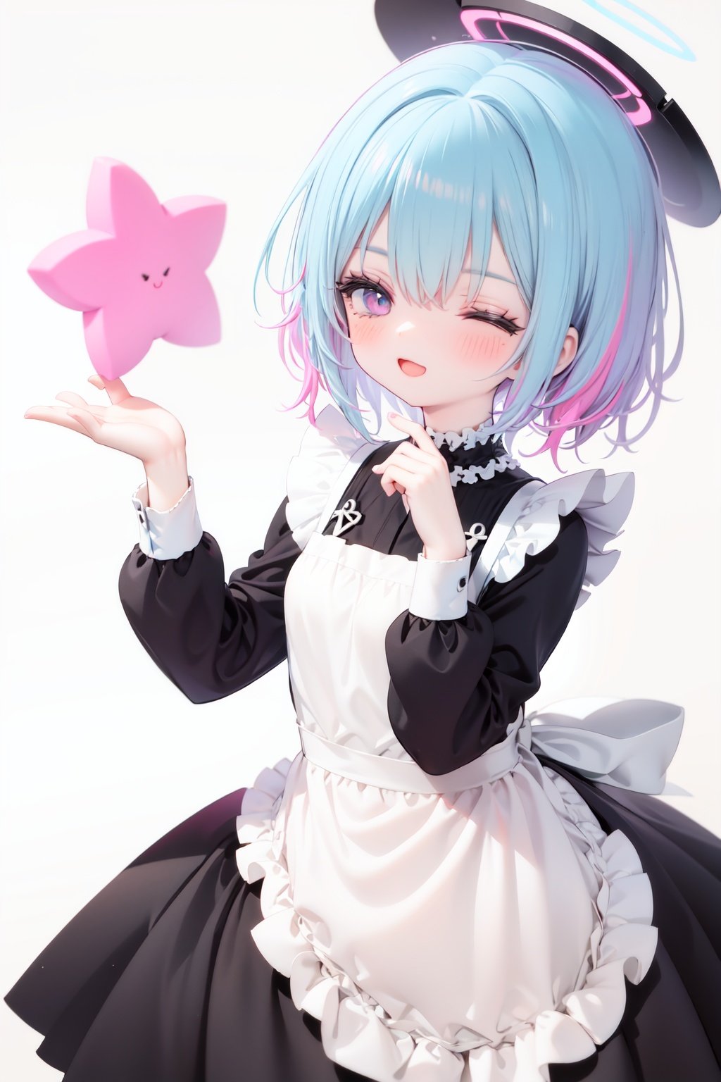  1girl, solo, apron, halo, hair over one eye, closed eyes, smile, white background, dress, white apron, simple background, long sleeves, multicolored hair, braid, open mouth, blue hair, alternate costume, blush, bangs, :d, pink hair, black dress, ribbon, frilled dress, enmaided, short hair, hand up, colored inner hair