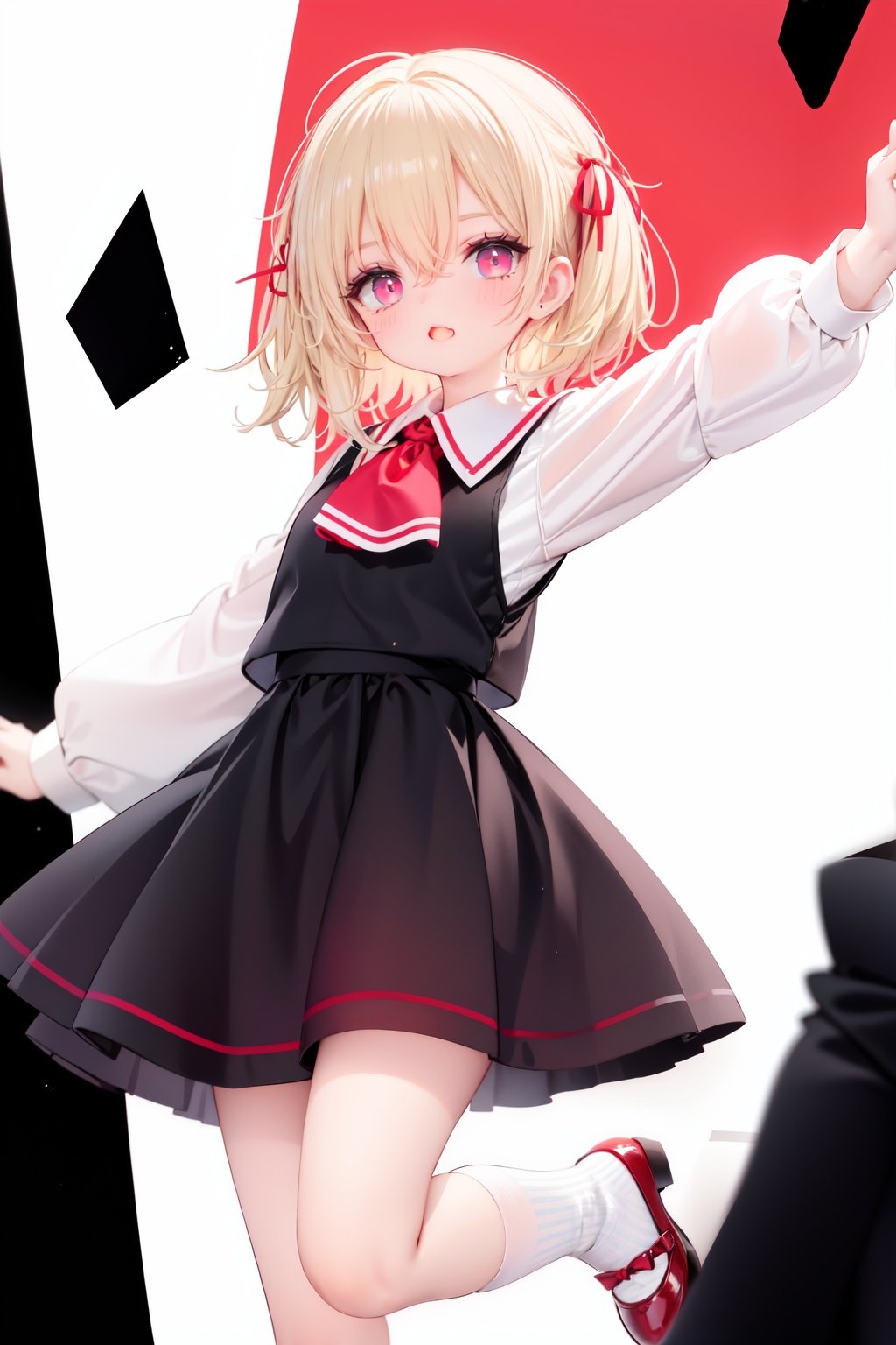  1girl, rumia, blonde hair, solo, white background, red eyes, red footwear, simple background, ascot, short hair, ribbon, open mouth, hair ribbon, smile, long sleeves, shirt, looking at viewer, red ascot, white socks, white shirt, red ribbon, shoes, socks, frills, bangs, outstretched arms, hair between eyes, skirt, :d, dress, vest, mary janes, black dress, black skirt, collared shirt, black vest, blush