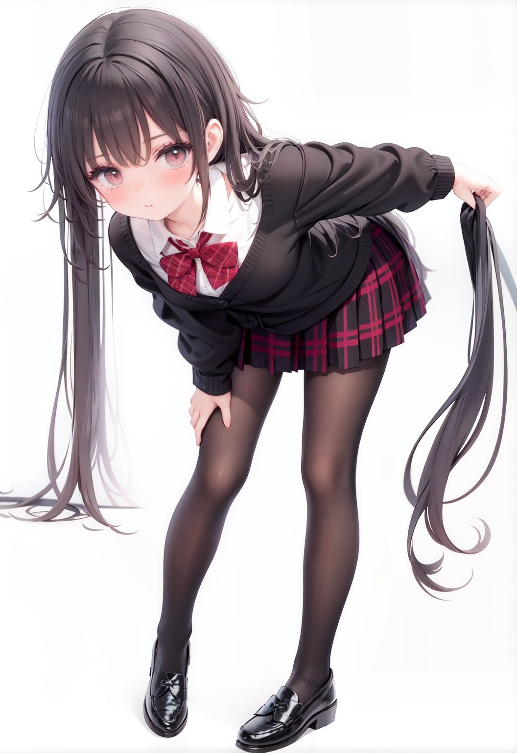  1girl, solo, pantyhose, skirt, long hair, loafers, shoes, simple background, school uniform, brown eyes, plaid, black pantyhose, plaid skirt, looking at viewer, black hair, pantyhose pull, full body, clothes pull, black footwear, pleated skirt, leaning forward, bangs, long sleeves, bent over, cardigan, bow, bowtie, standing, closed mouth, pulled by self, grey background, blush, miniskirt, red bow, sweater, undressing