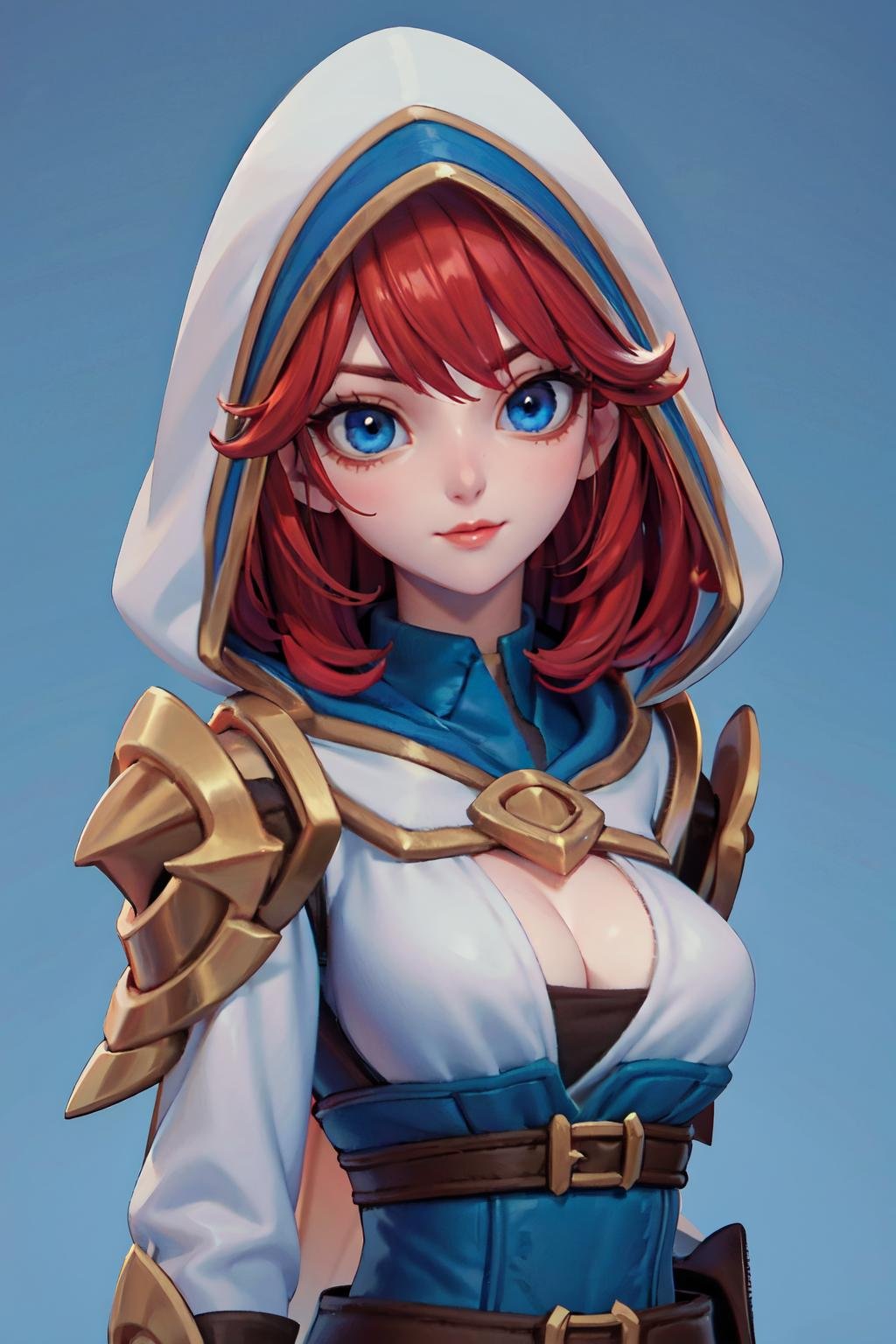 1girl, solo, looking at viewer, blue background, simple background,lips, closed mouth, bangs, nose, <lora:3DMM_V12:1>, <lora:Natalia-Bright_Claw-08:0.8>, natalia_bc, red hair, blue eyes, hood up