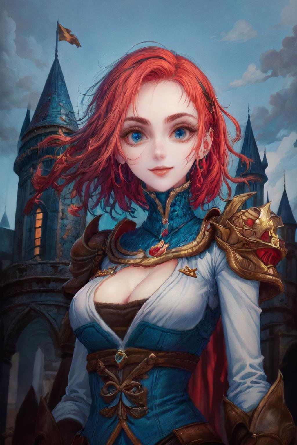 1girl, solo, looking at viewer, colorful, dark background, blue theme, castle at background, detailed eyes, detailed face,  <lora:add_detail:1>, <lora:Iridescence:0.75>, <lora:Natalia-Bright_Claw-08:0.8>, natalia_bc, upper body, looking at viewer, smile, red hair, short hair, blue eyes,