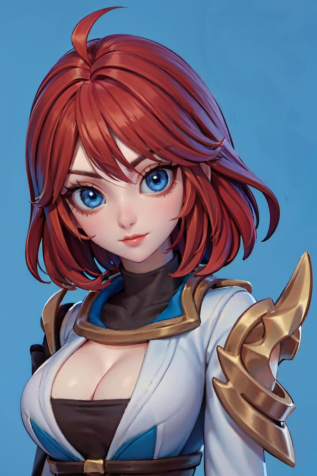 1girl, solo, looking at viewer, blue background, simple background,lips, closed mouth, bangs, nose, <lora:3DMM_V12:1>, <lora:Natalia-Bright_Claw-08:0.8>, natalia_bc, red hair, blue eyes