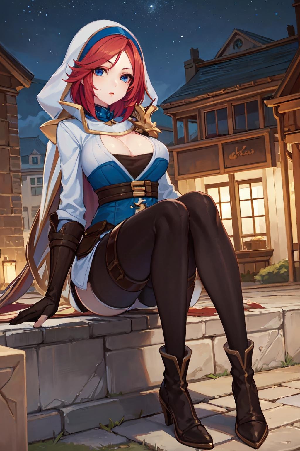 masterpiece, best quality, ultra high res, 1girl, cute, ((puffy eyes)), looking at viewer, full body, facing front, detailed face, detailed eyes,  <lora:Natalia-Bright_Claw-08:0.8>, natalia_bc, red hair,  sitting on a sidewalk, night, medieval background, blue eyes