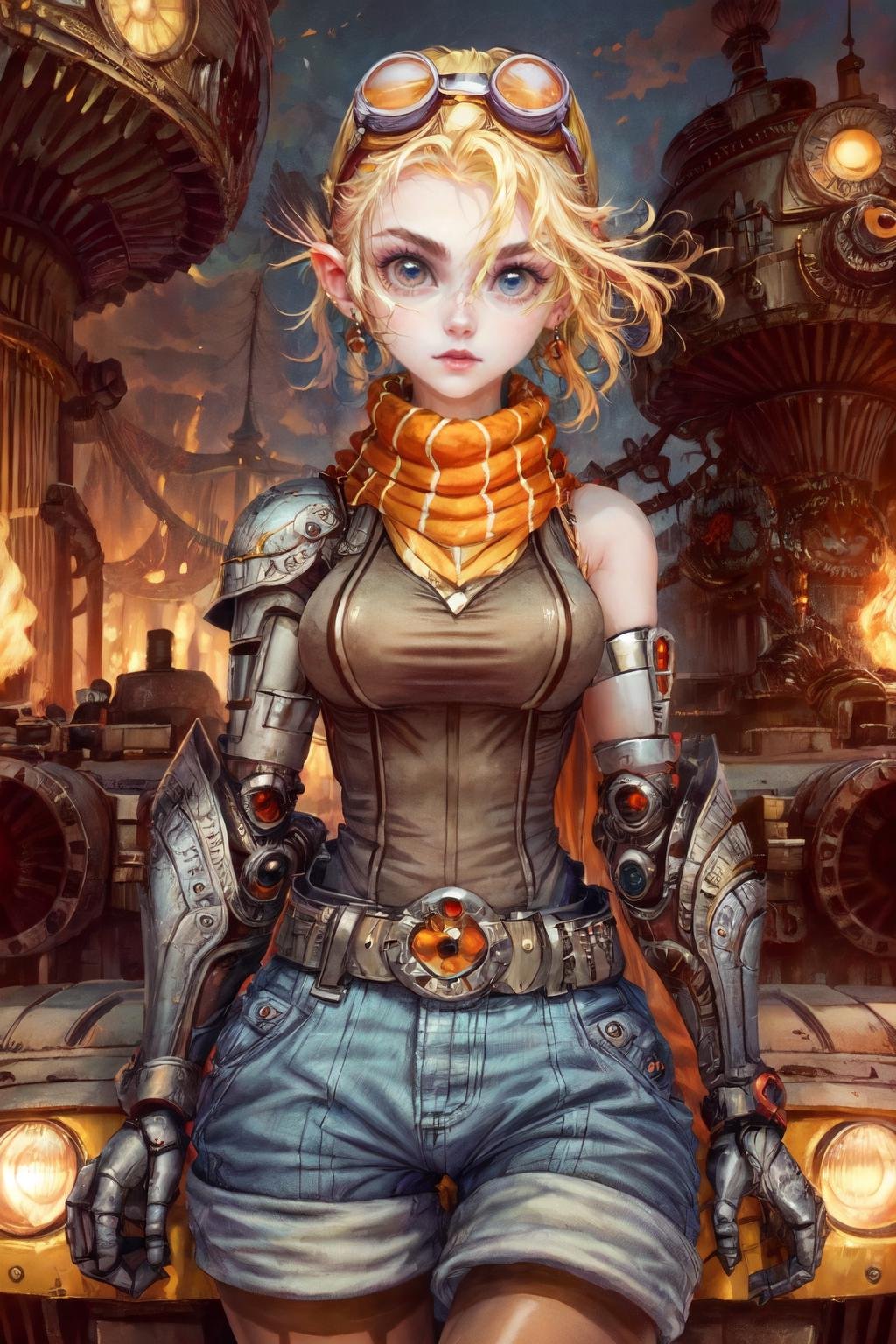 1girl, solo, looking at viewer, colorful, darl background, yellow theme,  tank at background, detailed eyes, detailed face,  <lora:add_detail:1>, <lora:Iridescence:0.75>, <lora:Lolita-Steel_Elf:0.8>, lolita_se, blue shorts, blue eyes, short hair, blonde hair, striped pantyhose, mechanical arm, scarf, googles, 