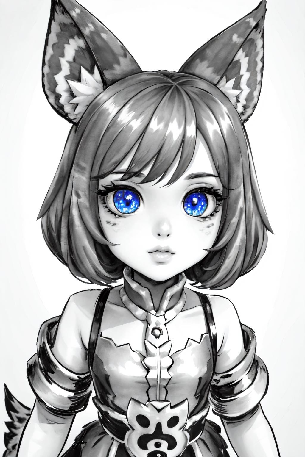 masterpiece, 1girl, standing, photorealistic, highly detailed, high resolution, best quality, highres, (detailed eyes:1.4), (detailed face:1.2), colorful,  none color, <lora:inkSketch_V2:0.9>, <lora:Nana-Feline_Wizard-10:0.8>, nana_fw,  monochrome, kid, child