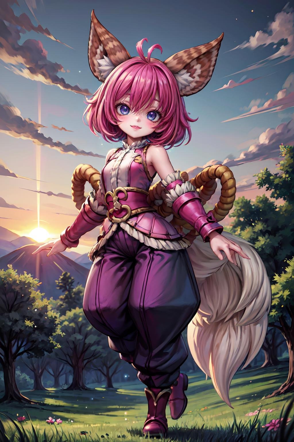 masterpiece, best quality, ultra high res, 1girl, cute, ((puffy eyes)), looking at viewer, full body, facing front, detailed face, detailed eyes, <lora:Nana-Feline_Wizard-10:0.8>, nana_fw, forest backgroudn, sunset, sparkle, baggy pants, kid, child, rope knot, puffy tail, blue eyes, smile,  <lora:add_detail:1>