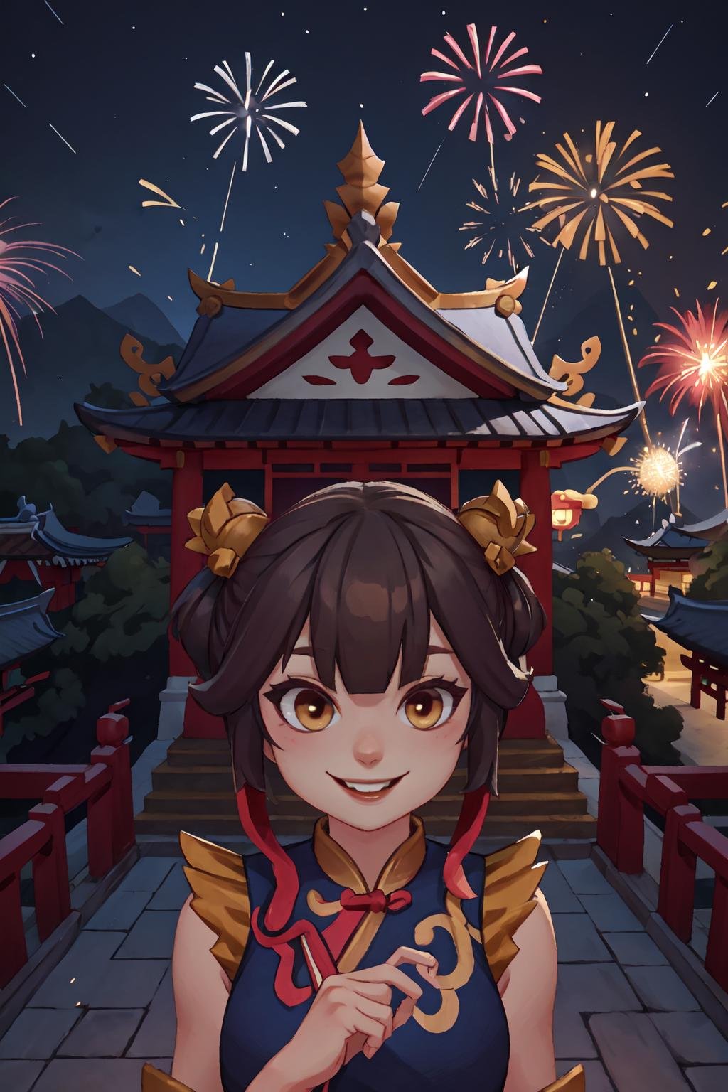 <lora:Wanwan-Agile_Tiger:0.8>, wanwan_at, night, asian temple, smile, aerial fireworks, 