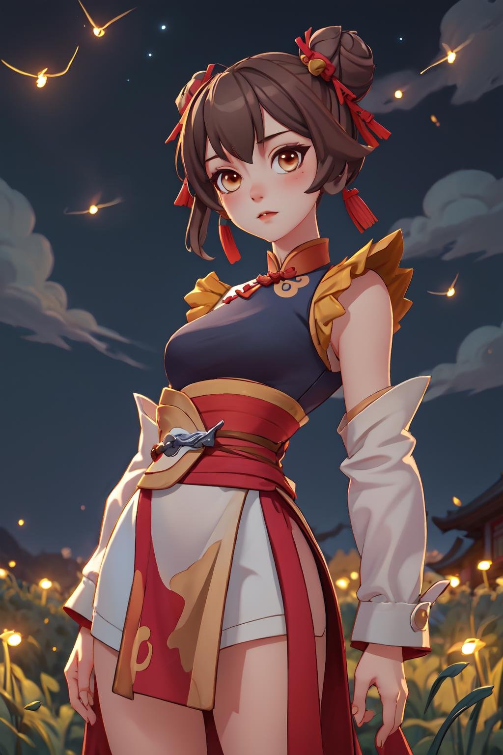 masterpiece, best quality, highres, chinese temple, moon, cloudy sky, fireflies, <lora:Wanwan-Agile_Tiger:0.8>, wanwan_at, 1girl, solo, looking at viewer