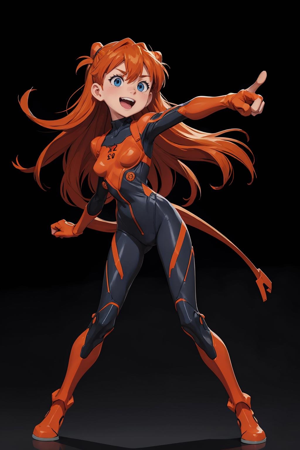 asuka, 1girl, solo, long hair, looking at viewer, smile, open mouth, blue eyes, simple background, orange hair, hair ornament, gloves, hair between eyes, standing, full body, :d, small breasts, from side, two side up, parted bangs, bodysuit, leaning forward, turtleneck, headgear, happy, outstretched arm, pointing, black background, foreshortening, index finger raised, legs apart, pilot suit, bracer, plugsuit, pointing at viewer, red bodysuit, skinny, <lora:anime:1>