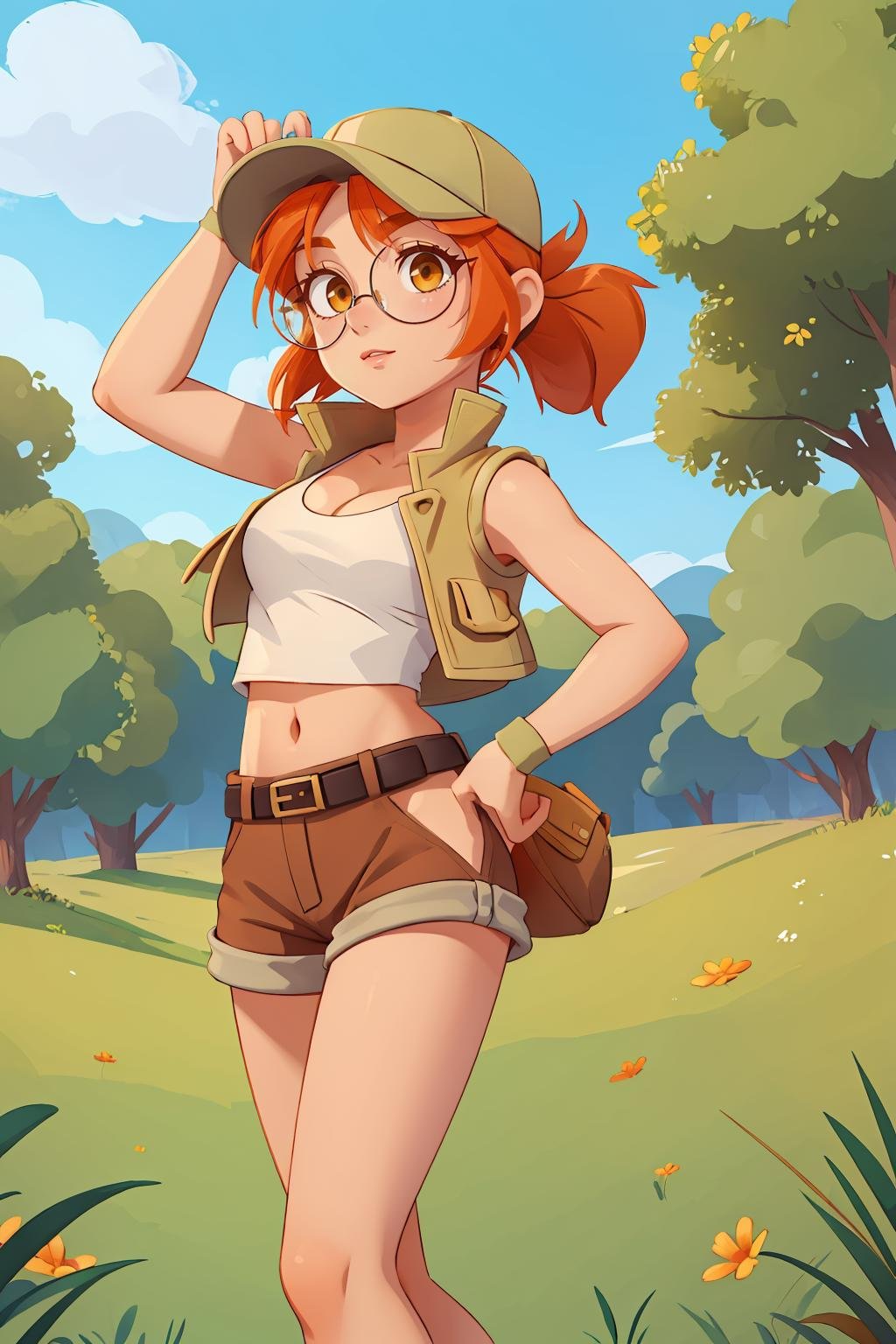 masterpiece, best quality, outdoors, grass, fiodef, 1girl, solo, looking at viewer, wariza, arm support, orange hair, hat, baseball cap, crop top, shorts, midriff, vest, navel, belt, short shorts, tank top, cleavage, brown shorts, <lora:Fiolina:1>