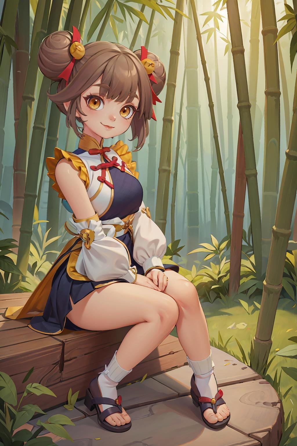 masterpiece, best quality, ultra high res, 1girl, solo, cute, ((puffy eyes)), looking at viewer, full body, facing front, detailed face, detailed eyes, <lora:Wanwan-Agile_Tiger:0.8>, wanwan_at, bamboo forest, seiza, sitting on knees, smiling, 