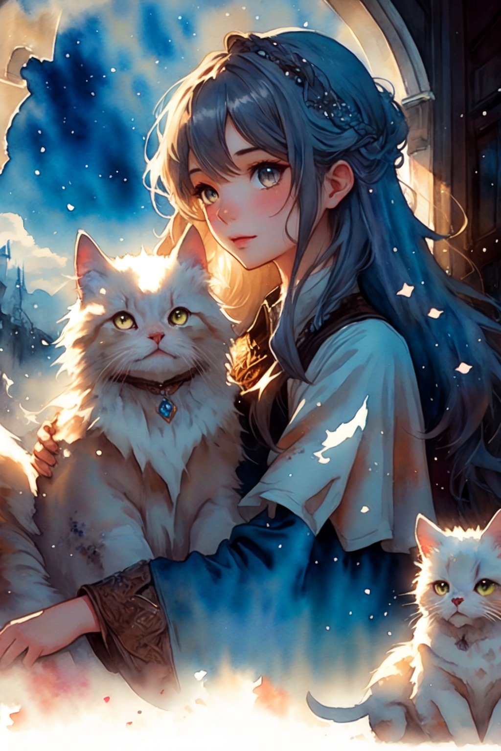  photorealistic of cute girl with white persian cat, Lolita, mane, multicolored hairlighting, glowing crystals, hyper detailed, detailed glow, ambient occlusion, ambient light,Beautiful dynamic dramatic dark moody lighting, volumetric, shadows, BREAK, 35mm photograph, grainy, professional, 8k, highly detailed, Hasselbald 50mm lens f/1.9, [by ethan for CGArt Mayfly model],(watercolor:1.3), Sky Fantasy