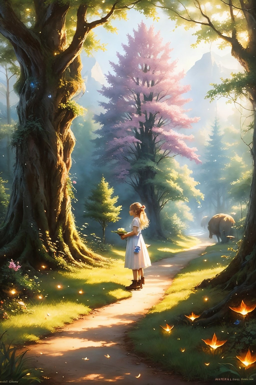  masterpiece, best quality, high quality,extremely detailed CG unity 8k wallpaper, An enchanting and dreamy scene of a fantasy forest, (with towering trees), glowing mushrooms, and hidden fairy glens, creating a sense of mystique and enchantment, BREAK, (1 cute girl, solo, chasing fireflies:1.5, full body), artstation, digital illustration, intricate, trending, pastel colors, oil paiting, award winning photography, Bokeh, Depth of Field, HDR, bloom, Chromatic Aberration ,Photorealistic,extremely detailed, trending on artstation, trending on CGsociety, Intricate, High Detail, dramatic, watercolor