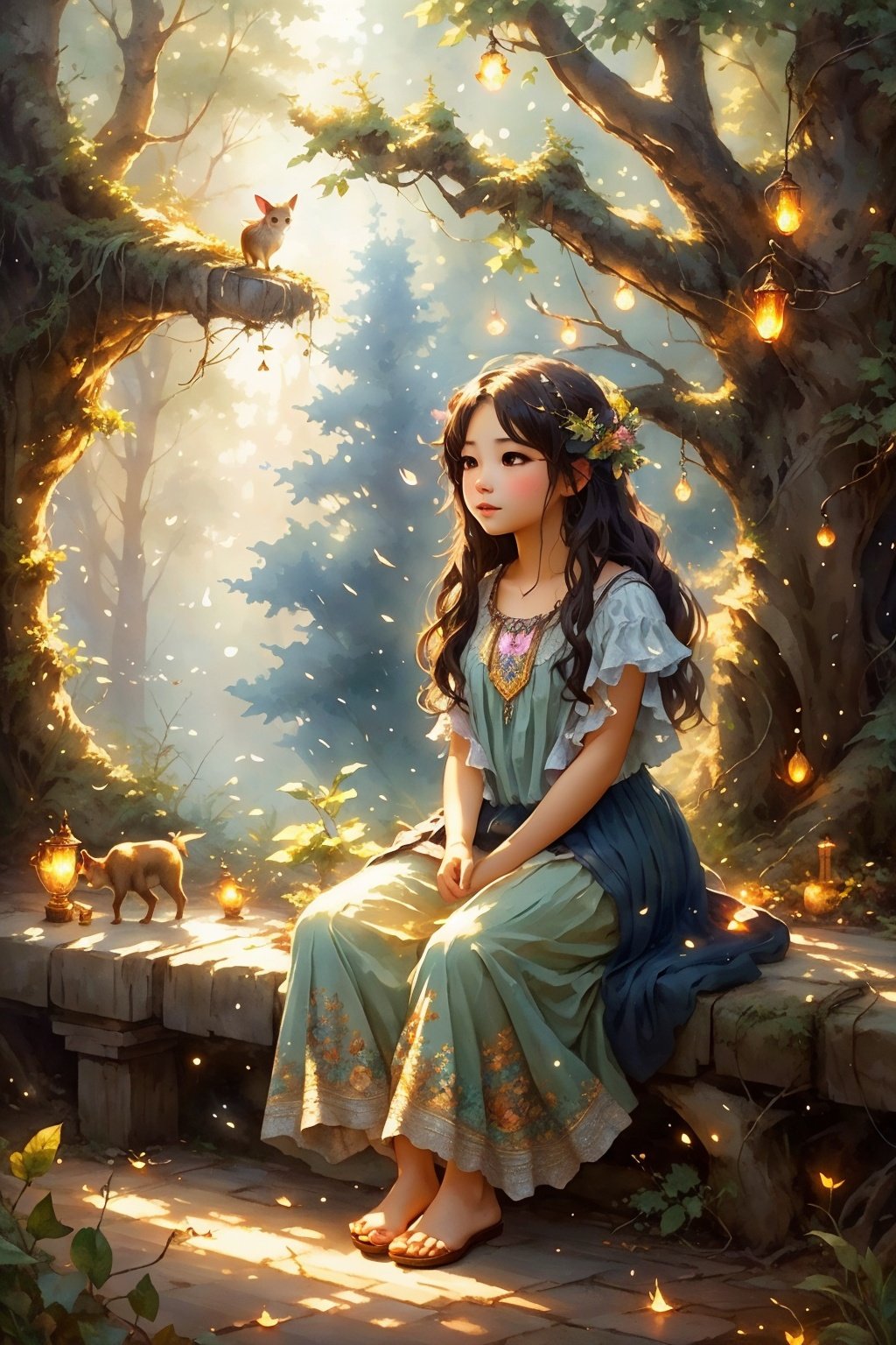  masterpiece, best quality, high quality,extremely detailed CG unity 8k wallpaper, An enchanting and dreamy scene of a fantasy forest, (with towering trees), glowing mushrooms, and hidden fairy glens, creating a sense of mystique and enchantment, BREAK, (1 cute girl, solo, chasing fireflies:1.5, full body), artstation, digital illustration, intricate, trending, pastel colors, oil paiting, award winning photography, Bokeh, Depth of Field, HDR, bloom, Chromatic Aberration ,Photorealistic,extremely detailed, trending on artstation, trending on CGsociety, Intricate, High Detail, dramatic, watercolor