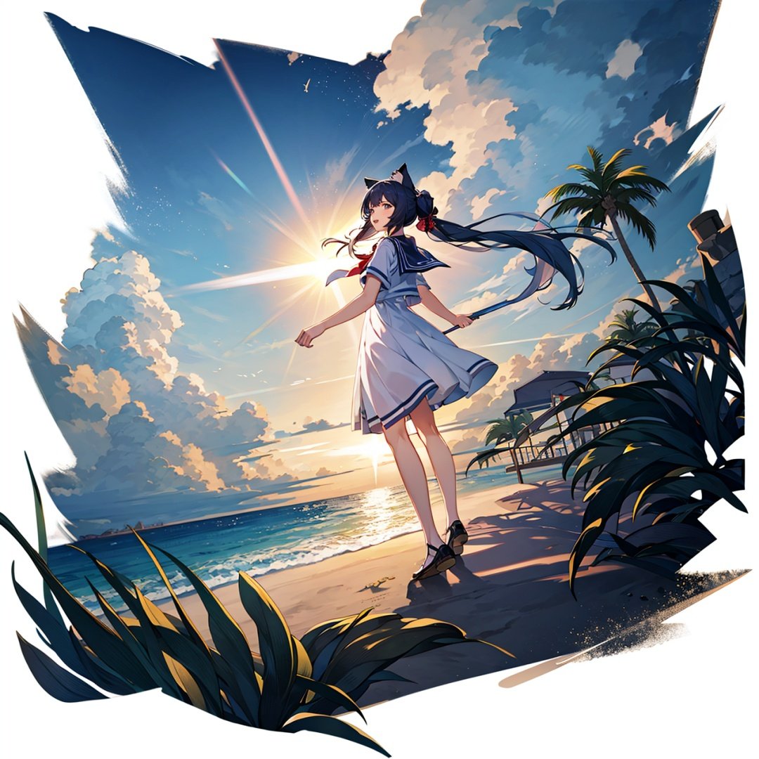 (masterpiece, best quality,top quality),[(white background:1.5)::5],(wide shot:0.95),(full body),Dynamic angle,solo,1girl,looking at viewer,sailor,twintails,cat ears,light blue hair,long hair,laughing,sun,cirrus,sky,beach,depth_of_field,particle effects,palm_tree,penguin,